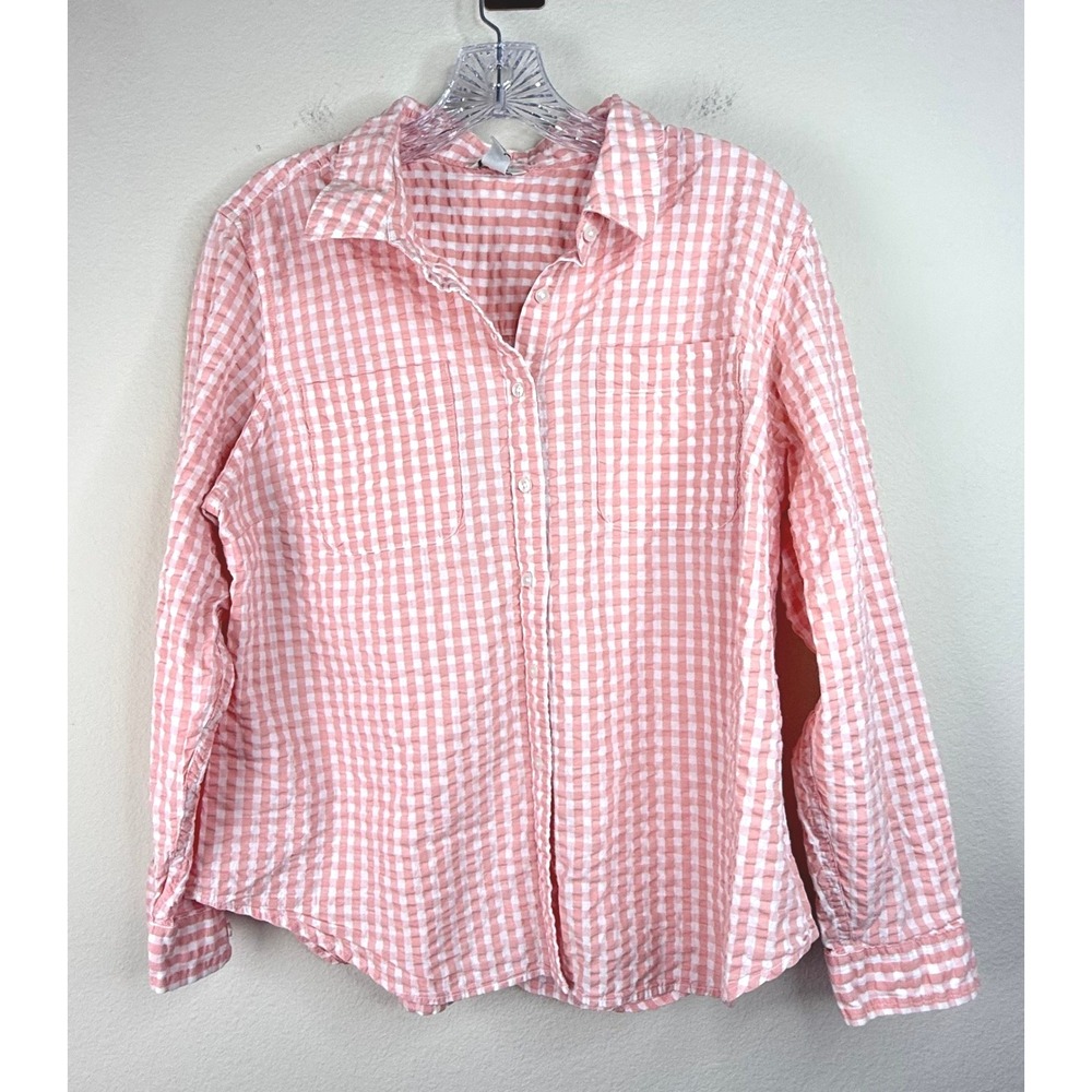 LL Bean Button Down Women L Pet Pink Gingham Seersucker Long Sleeve Shirt
